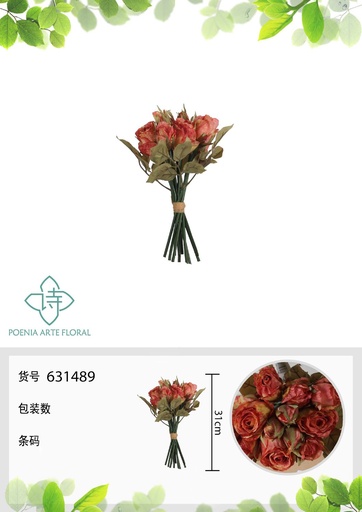 [631489-3NARANJA] Rama de flores artificiales con 12 cabezas de rosa alemana de otoño 31 cm - Decoración floral