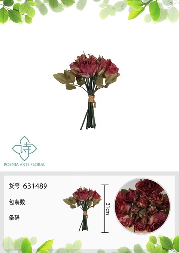 [631489-4ROJO] Rama de flores artificiales con 12 cabezas de rosa alemana de otoño 31 cm - Decoración floral