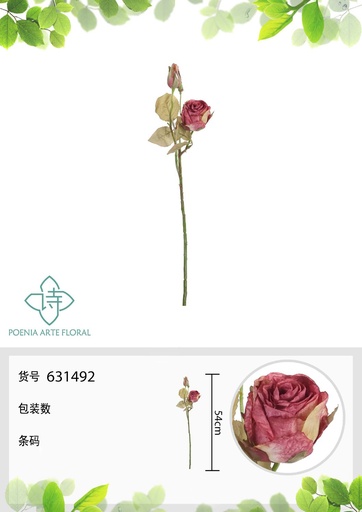 [631492-4ROJA] Rama de flores artificiales con 2 cabezas de rosa alemana de otoño 54 cm - Decoración floral