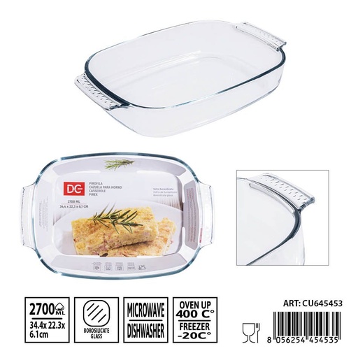 [0239495] Bandeja de cristal con asa 2700 ml 34.4x22.3x6.1 cm - Utensilios de mesa y bandejas de cristal