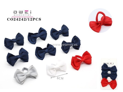 [8428947242420] Pack de 3 gomas surtidas con lazo 6 cm 12 unidades - Accesorios para el cabello