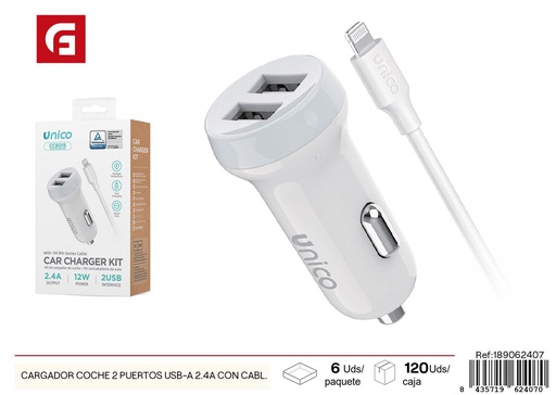 [189062407] Cargador coche 2 puertos USB-A 2.4A con cable USB-A a Lightning - Accesorios de automóvil
