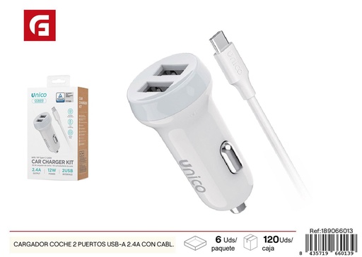 [189066013] Cargador coche 2 puertos USB-A 2.4A con cable USB-A a tipo-C - Accesorios de automóvil