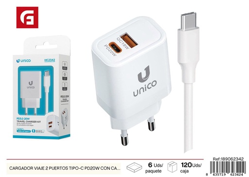 [189062342] Cargador viaje 2 puertos tipo-C PD20W con cable tipo-C a tipo-C - Electrónica