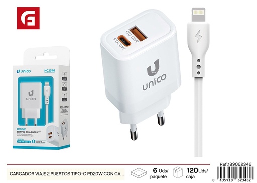[189062346] Cargador de viaje con 2 puertos Tipo-C PD20W y cable Tipo-C a Lightning - Cargadores de teléfono