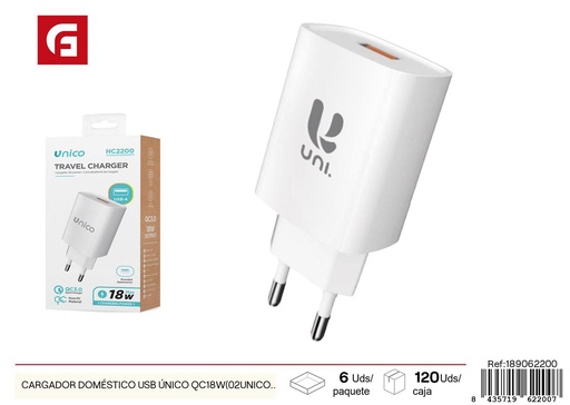 [189062200] Cargador doméstico USB único QC18W - Electrónica