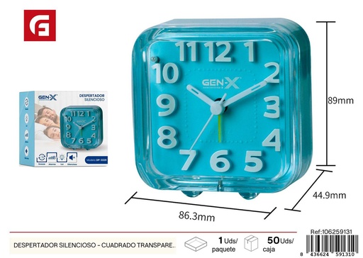 [106259131] Despertador silencioso cuadrado transparente azul 3D 3329 - Relojes de pared