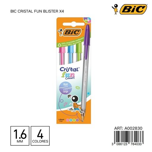 [A002830] Bolígrafo BIC de colores en blister de 4 unidades - Papelería de marca BIC