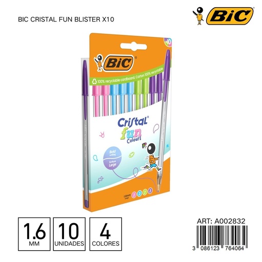 [A002832] Bolígrafo BIC cristal fun blister de 10 unidades - Papelería y útiles de escritura