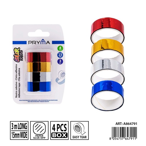 [0238388] Cinta adhesiva decorativa 1.5 cm x 3 m 4 unidades - Materiales de oficina