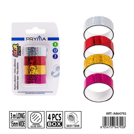 [0238389] Cinta adhesiva decorativa con corazones 1.5 cm x 3 m 4 unidades - Materiales de oficina