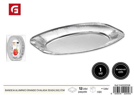[114222058] Bandeja de aluminio ovalada grande 35x24.3x2.1 cm 1 unidad - Recipientes desechables