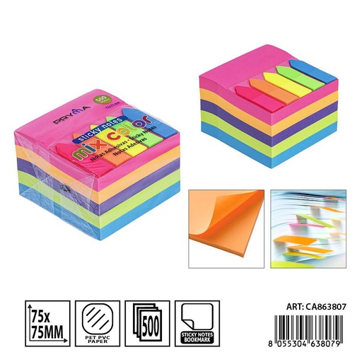 [0236962] 500 hojas de notas adhesivas + marcador de páginas 75x75 cm - Papelería y útiles escolares