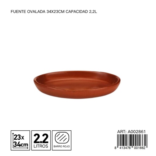 [A002861] Fuente ovalada de barro 34x23 cm capacidad 2,2L - Utensilios de cocina y vajillas de barro