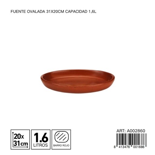 [A002860] Fuente ovalada de barro 31x20 cm capacidad 1,6L - Utensilios de cocina y vajillas de barro