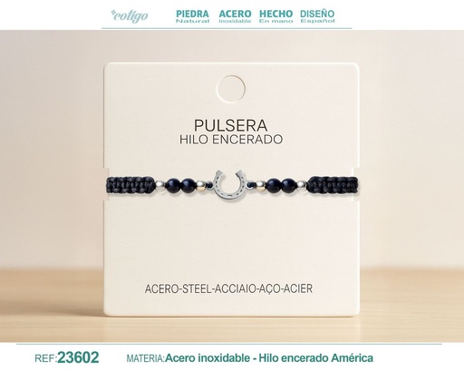 [23602] Pulsera de hilo encerado con lápiz lázuli y colgante de acero - Joyería artesanal