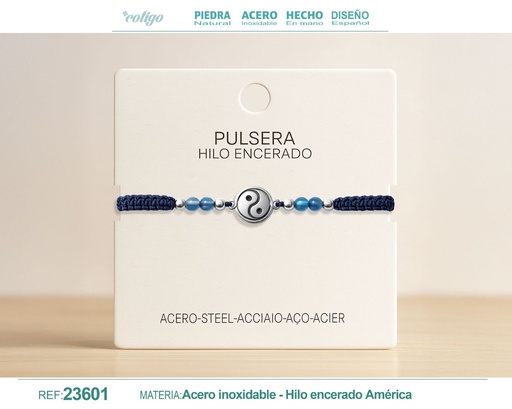 [23601] Pulsera de hilo encerado con ágata azul y símbolo Yinyang en acero - Joyería espiritual