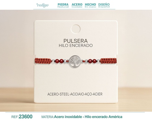 [23600] Pulsera de hilo encerado con carneola y árbol de la vida en acero - Joyería simbólica