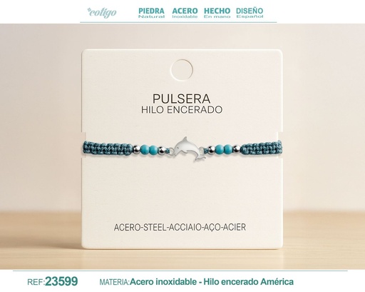 [23599] Pulsera de hilo encerado con turquesa y delfín de acero - Accesorios de moda