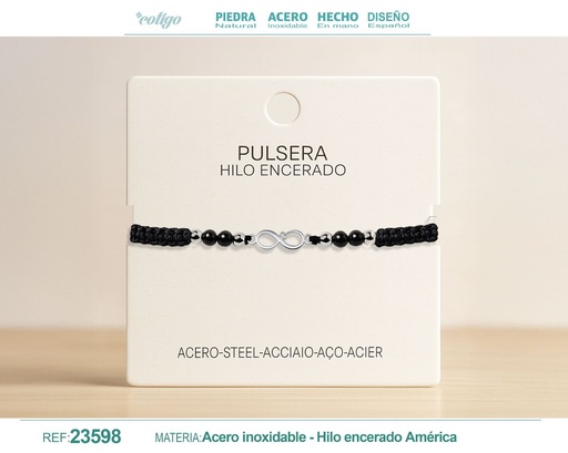 [23598] Pulsera de hilo encerado con ágata negra y oso de acero - Joyería única