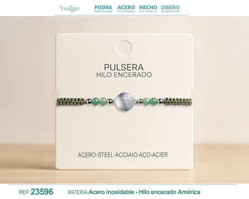 [23596] Pulsera de hilo encerado con aventurina verde y ojo de turco en acero - Accesorios protectores
