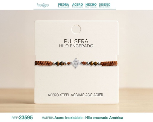[23595] Pulsera de hilo encerado con ojo de tigre y nudo de bruja en acero - Joyería mágica