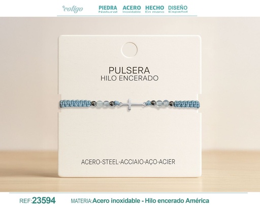 [23594] Pulsera de hilo encerado con opalina y cruz latina en acero - Joyería religiosa