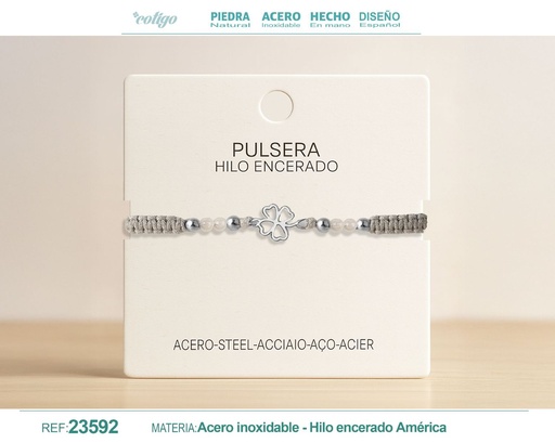 [23592] Pulsera de hilo encerado con cuarzo blanco y trébol de la suerte en acero - Joyería de la fortuna