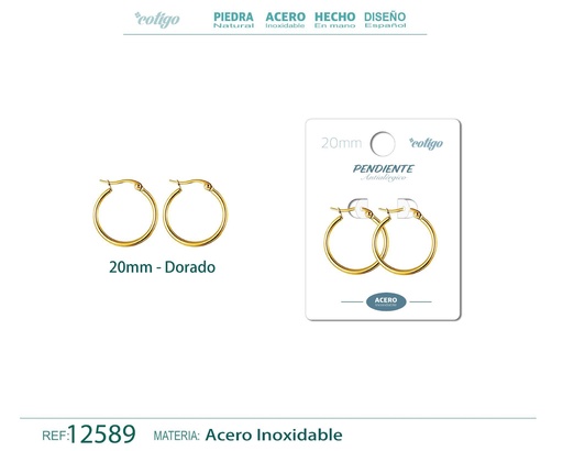 [12589] Pendiente aro de acero dorado de 20 mm - Joyería de acero