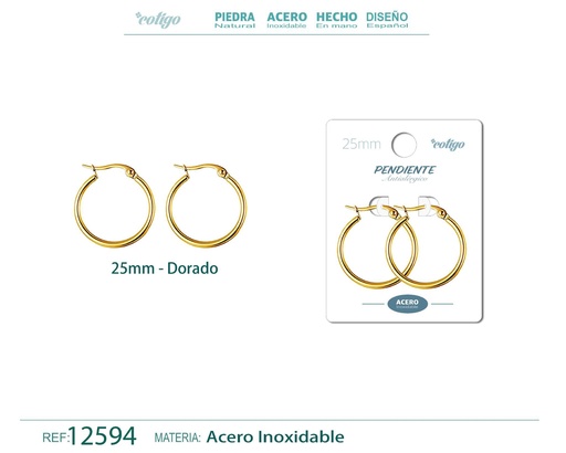 [12594] Pendiente aro de acero dorado de 25 mm - Joyería de acero