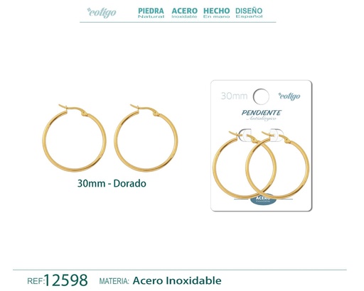 [12598] Pendiente aro de acero dorado de 30 mm - Joyería de acero