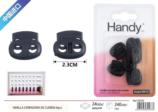 [30183] Hebilla cerradura de cuerda negra de 2 agujeros 6 piezas - Accesorios de costura y botones