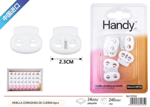 [30184] Hebilla cerradura de cuerda blanca de 2 agujeros 6 piezas - Accesorios de costura y botones