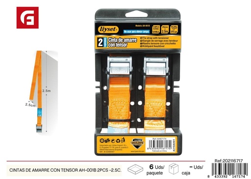 [202116717] Cintas de amarre con tensor AH-001B (2 piezas) 2.5 cm x 2.5 m - Accesorios de coche y correas