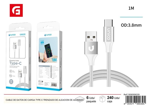 [189099039] Cable de datos de carga tipo C trenzado de aleación de aluminio - Electrónica