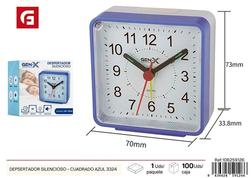 [106259126] Reloj despertador silencioso cuadrado azul modelo 3324 - Electrónica y despertadores