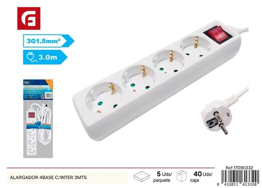 [170161332] Alargador de 4 bases con interruptor 3 metros - Regletas de enchufes