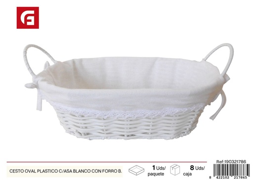 [190321786] Cesto ovalado plástico con asa blanca y forro blanco - Cestas para el hogar y decoración