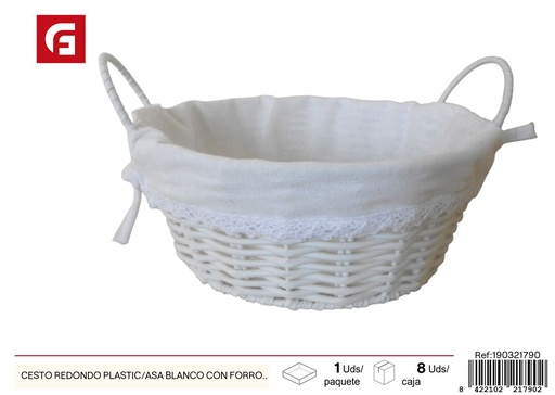 [190321790] Cesto redondo plástico con asa blanca y forro blanco - Cestas de plástico decorativas