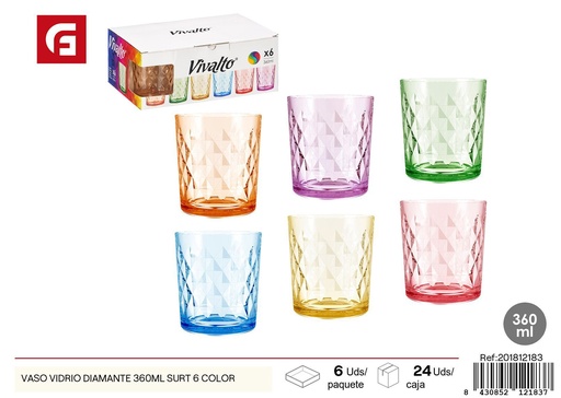 [201812183] Vaso de vidrio diamante 360ml surtido 6 colores - Vasos de vidrio decorativos