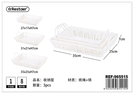 [965515] Cesta de almacenamiento de papel trenzado (blanca) - 3 piezas - Organización del hogar