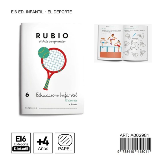 [A002981] Cuaderno infantil RUBIO EI6 - Educación infantil sobre deportes