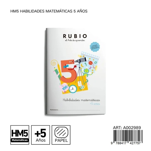 [A002989] Cuaderno de habilidades matemáticas RUBIO HM5 - 5 años