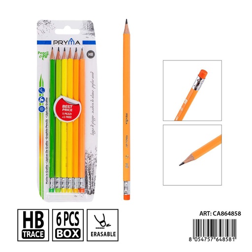 [0239556] Lápiz de grafito HB con goma de borrar 5+1pzs - Herramienta de escritura básica