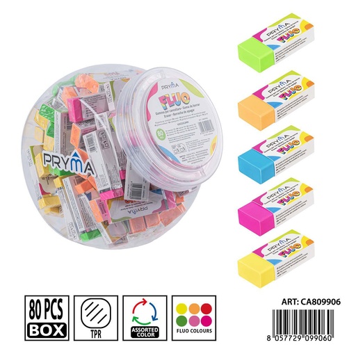 [0241097] Gomas de borrar fluorescentes en envase de 80 piezas 62x21x12 mm - Papelería escolar