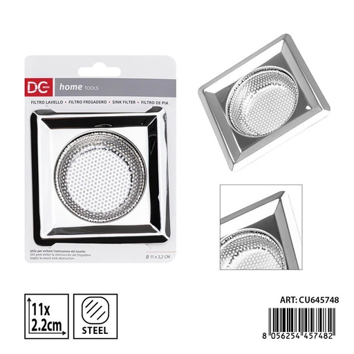 [0241053] Desagüe cuadrado de acero inoxidable 201 11x2.2 cm DC CASA - Filtro para fregadero