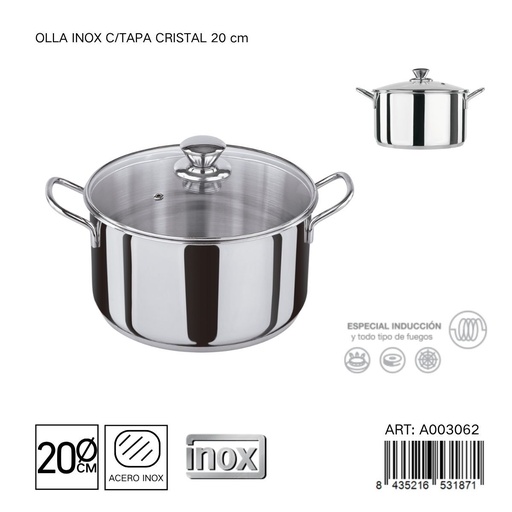 [A003062] Olla de acero inoxidable con tapa de cristal 20 cm - Utensilios de cocina