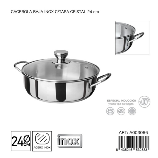 [A003066] Cacerola baja de acero inoxidable con tapa de cristal 24 cm - Utensilios de cocina