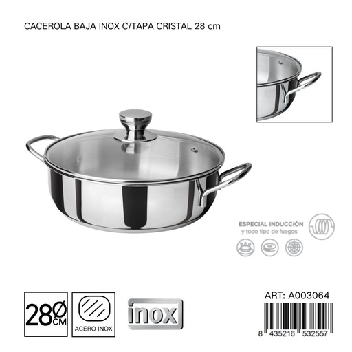[A003064] Cacerola baja de acero inoxidable con tapa de cristal 28 cm - Utensilios de cocina