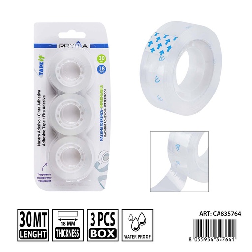 [0242163] Cinta adhesiva transparente 18 mm x 30 m 3 piezas - Papelería escolar